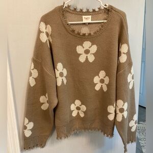 Hayden Los Angeles flower patterened sweater tan and white size 1X